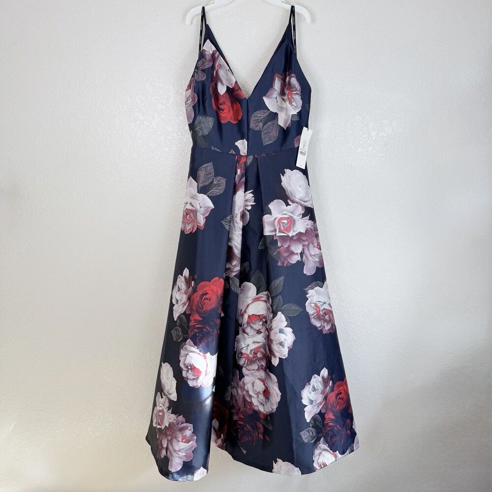 NWT Calvin Klein Floral Navy Gown Size 12 V Neck Pleated A Line -Altered Hem 56"